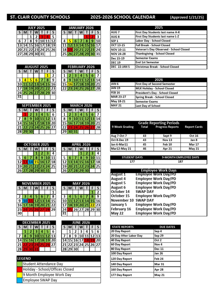 St. Clair County Alabama Schools Calendar