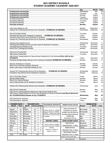 Bay County  florida schools calendar