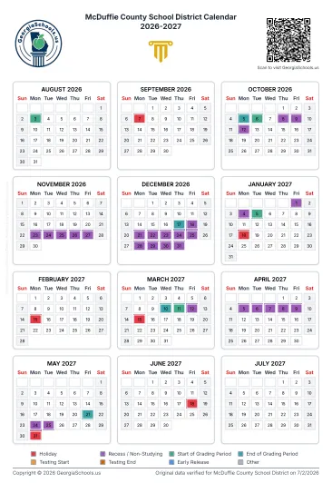 McDuffie County  Georgia Schools Calendar