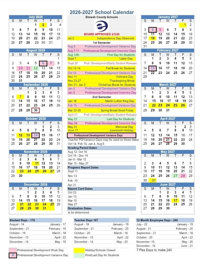 Etowah County Alabama Schools Calendar
