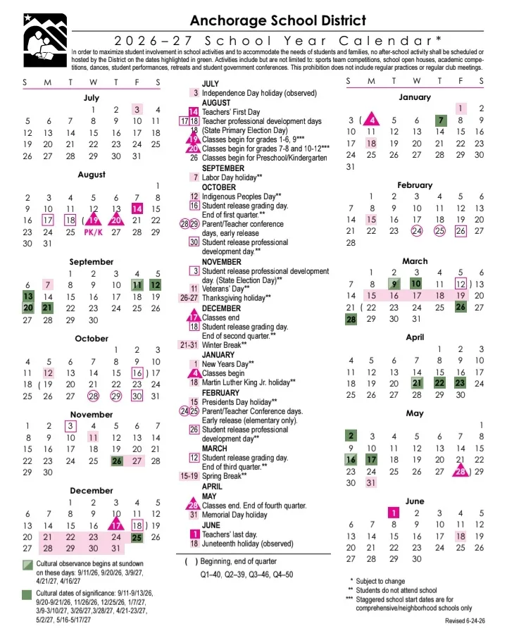 Anchorage Municipality Alaska Schools Calendar
