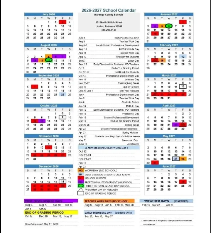 Morengo County Alabama Schools Calendar