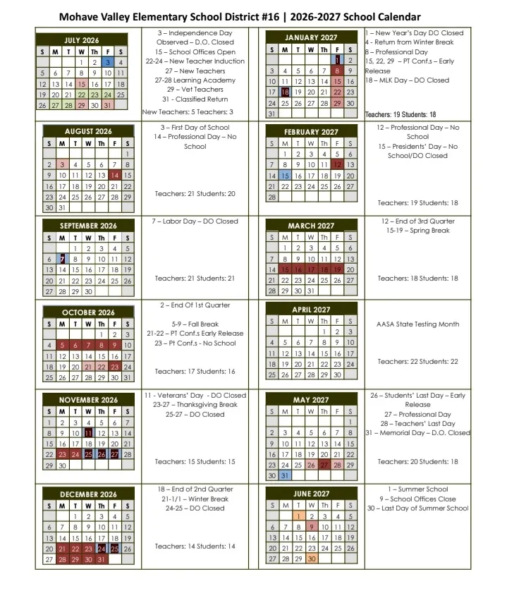 Mohave County Arizona Schools Calendar