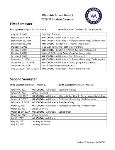 Ada County Idaho Schools Calendar