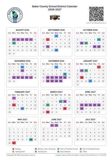 Baker County  Georgia Schools Calendar