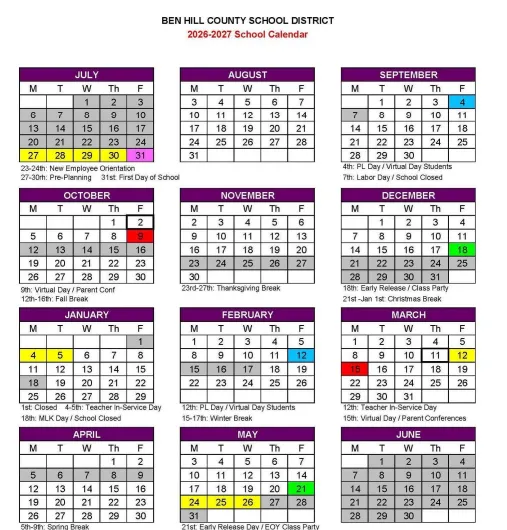 Ben Hill County  Georgia Schools Calendar