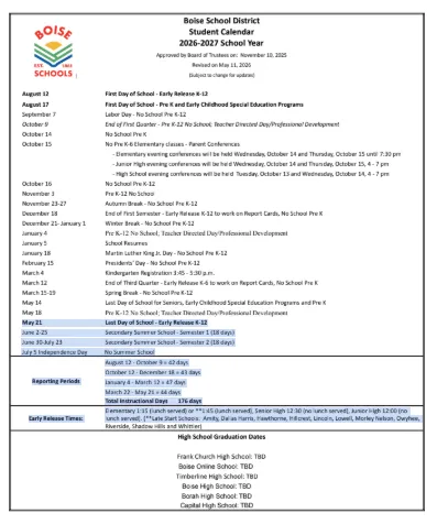 Boise County Idaho Schools Calendar