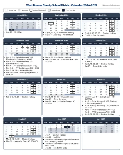 Bonner County Idaho Schools Calendar