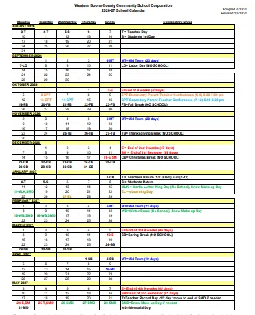 Boone County  Indiana Schools Calendar