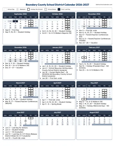 Boundary County Idaho Schools Calendar