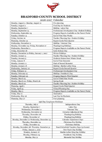 Bradford County florida schools calendar