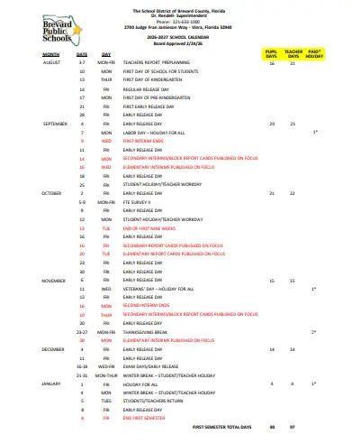 Brevard County florida schools calendar