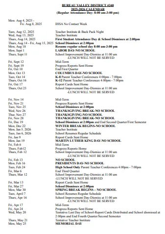 Bureau County Illinois Schools Calendar