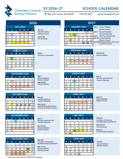 Cherokee County alabama Schools calendar