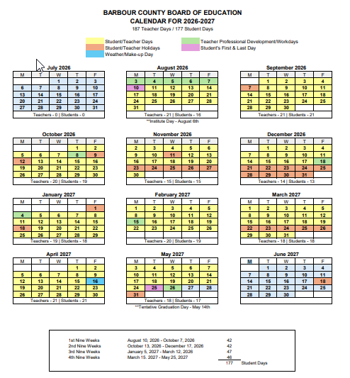 Barbour County Alabama Schools Calendar