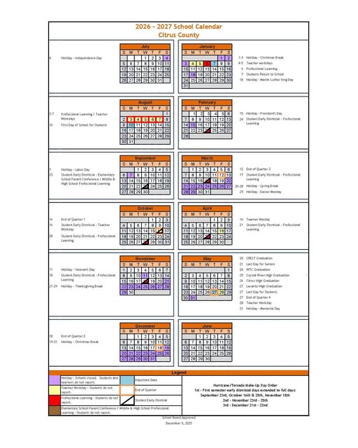 Citrus County  florida schools calendar