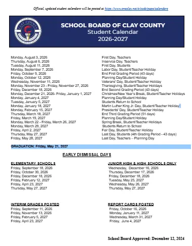 Clay County  florida schools calendar