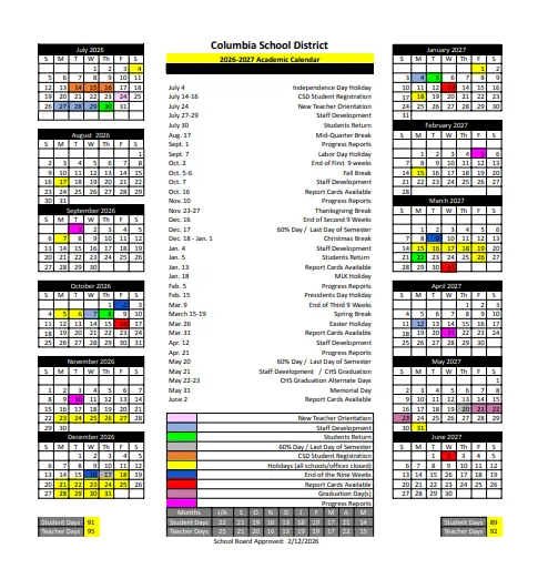 Columbia County  florida schools calendar