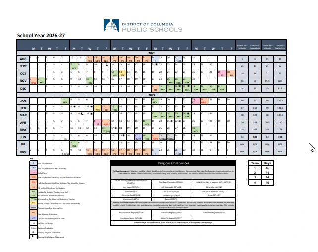 District of Columbia schools calendar