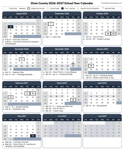 Dixie County  florida schools calendar