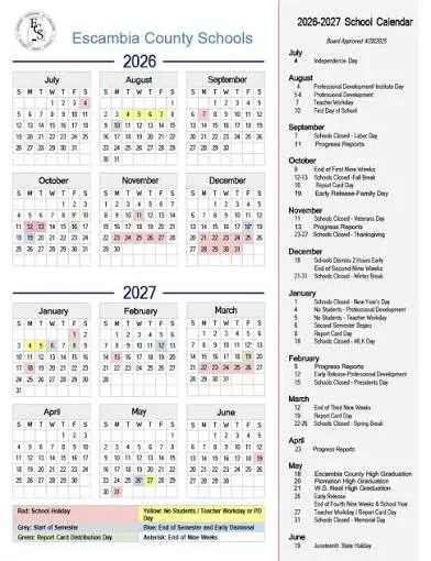 Escambia County  florida schools calendar