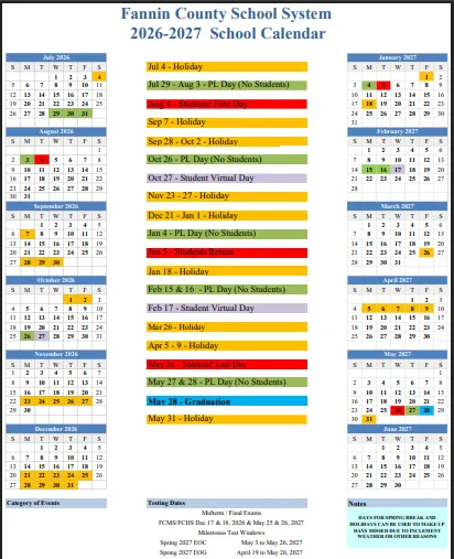 Fannin County Georgia Schools Calendar