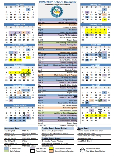 Franklin County  florida schools calendar