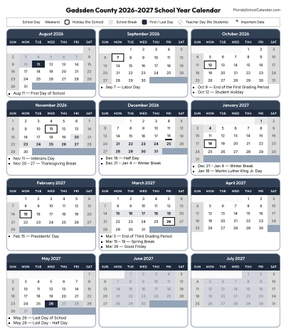 Gadsden County  florida schools calendar