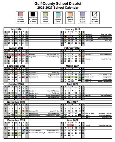 Gulf County  florida schools calendar