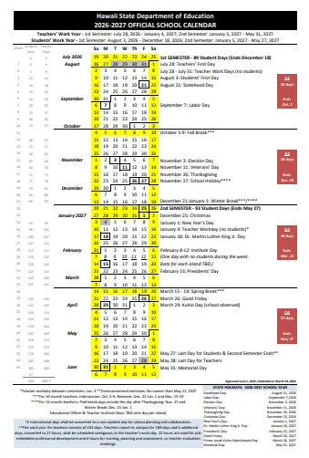 Honolulu County Hawaii Schools Calendar