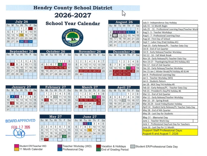 Hendry County  florida schools calendar