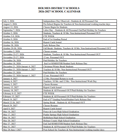 Holmes County  florida schools calendar