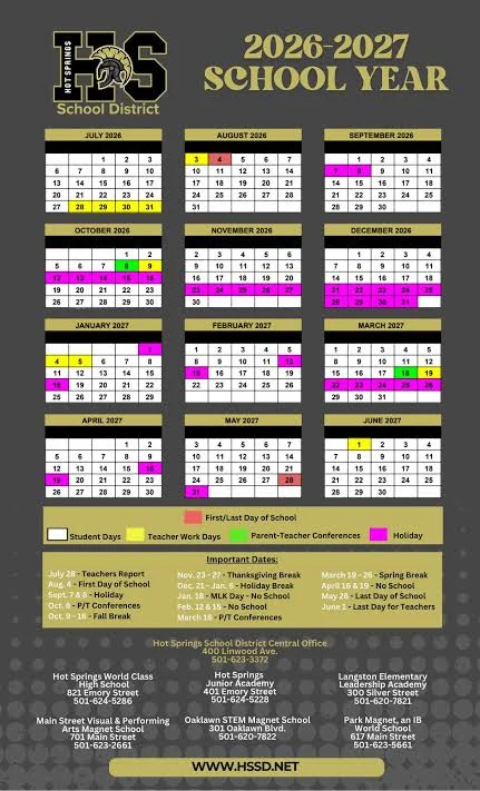 Hot Spring County Arkansas Schools Calendar