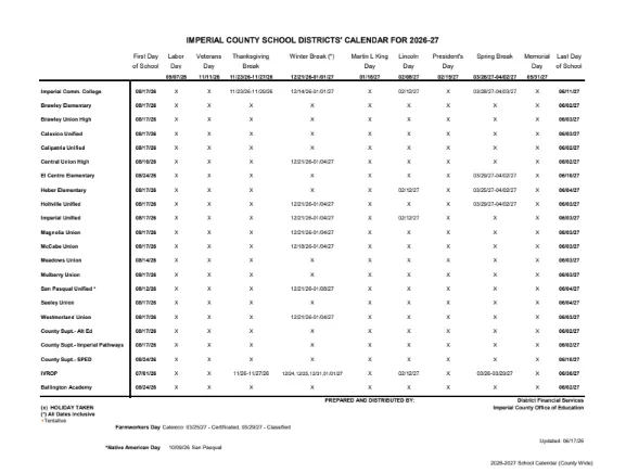 Imperial County California Schools Calendar