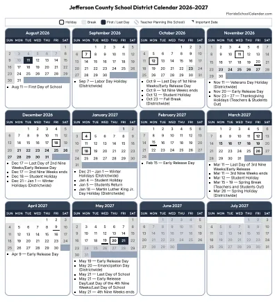 Jefferson County  florida schools calendar