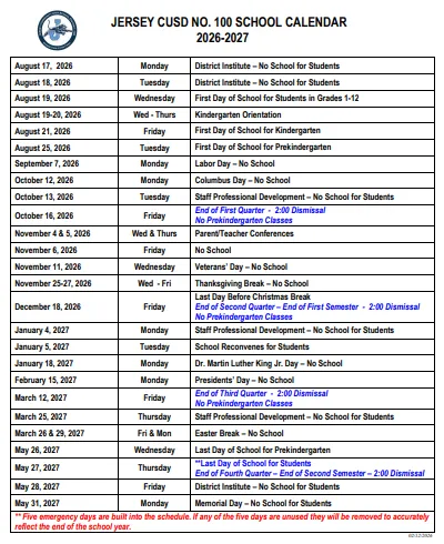 Jersey County Illinois Schools Calendar