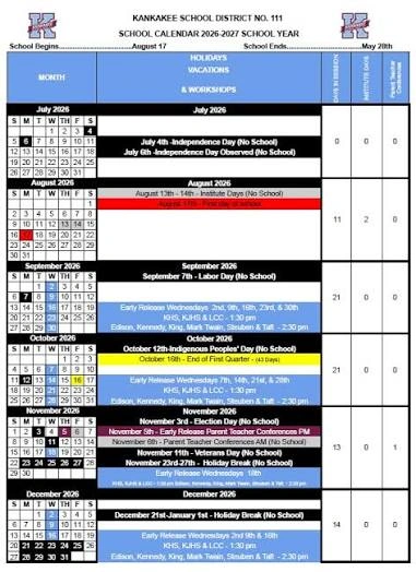 Kankakee County Illinois Schools Calendar
