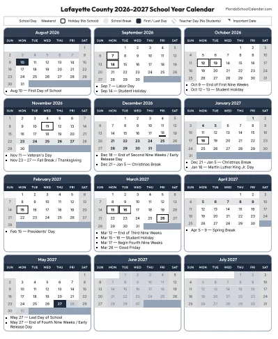 Lafayette County florida schools calendar