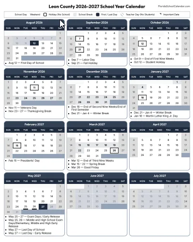 Leon County  florida schools calendar