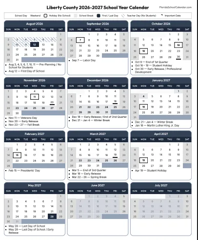 Liberty County  florida schools calendar