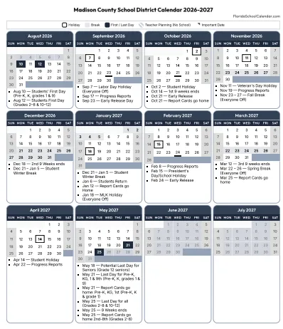 Madison County florida schools calendar