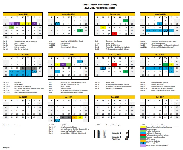 Manatee County florida schools calendar