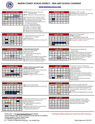 Martin County  florida schools calendar
