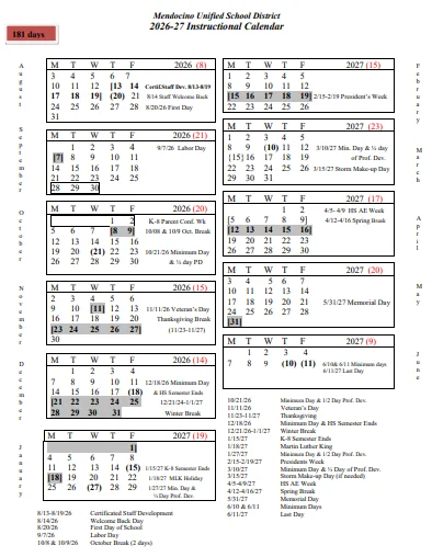 Mendocino County California Schools Calendar