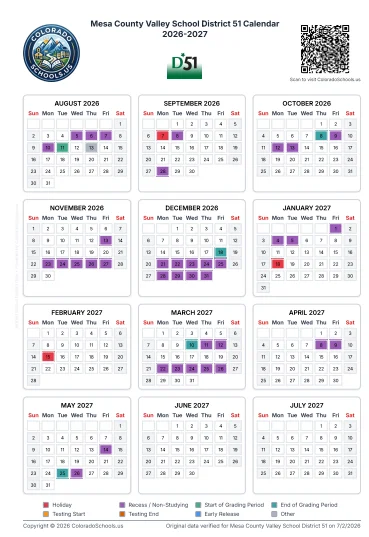 Mesa County Colorado Schools Calendar