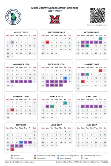 Miller County  Georgia Schools Calendar