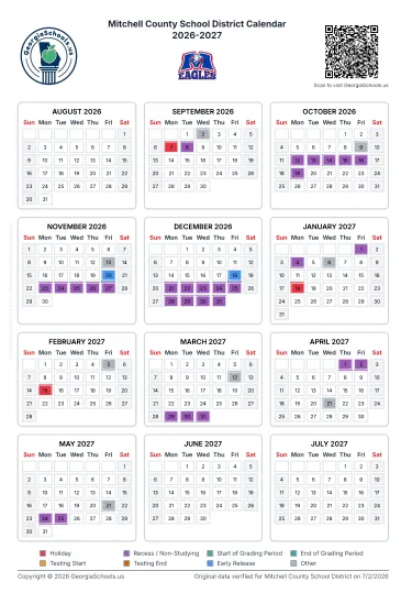 Mitchell County  Georgia Schools Calendar