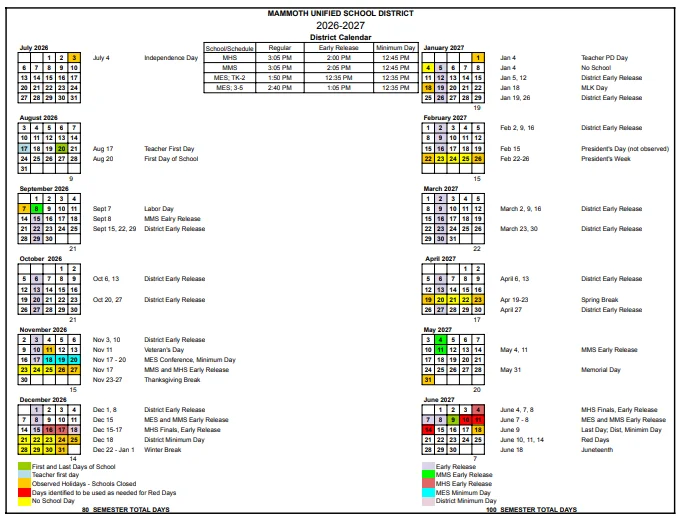 Mono County California Schools Calendar