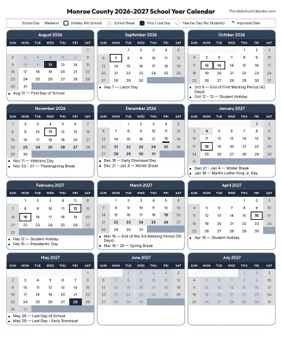 Monroe County  florida schools calendar