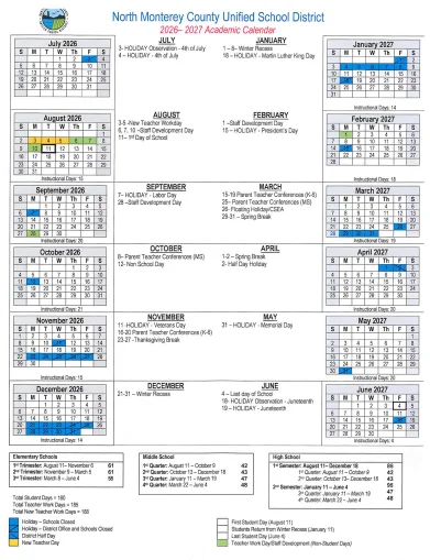 Monterey County California Schools Calendar